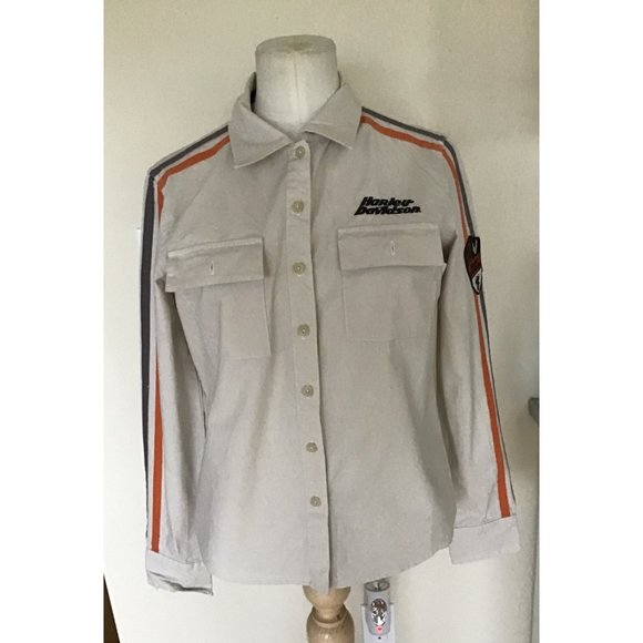 Harry Davidson Women’s Tan Striped Button Down Shirt Size Medium - Picture 1 of 5
